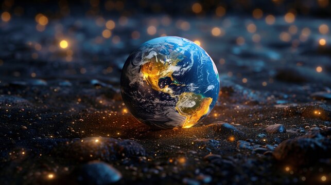 Micro Globe in Night Sands: Illuminated Earth in Golden Light