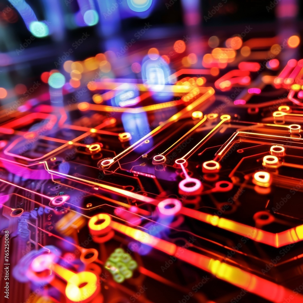 Poster abstract image of a circuit board with a warm bokeh effect, blending technology with artistic flair.