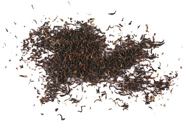 Pile dry black tea isolated on white, top view