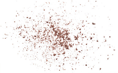 Pile chopped, milled chocolate shavings isolated on white, top view
