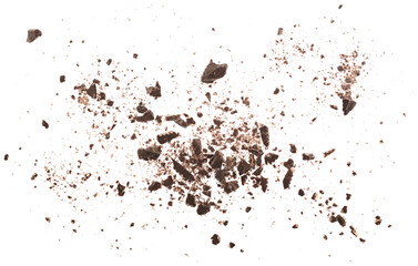 Pile chopped, milled chocolate shavings isolated on white, top view
 - obrazy, fototapety, plakaty