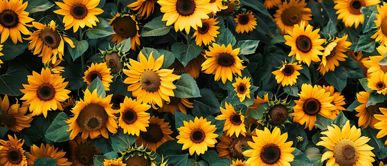 This captivating image features a vibrant display of sunflowers in full bloom