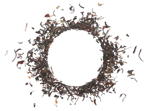 Pile dry black tea in shape circle isolated on white, top view