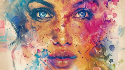 Illustration Beautiful woman face pop art drawing in watercolor. AI generated image