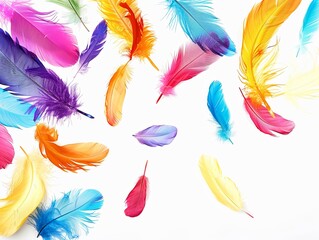 Bright multi-colored feathers on a white background