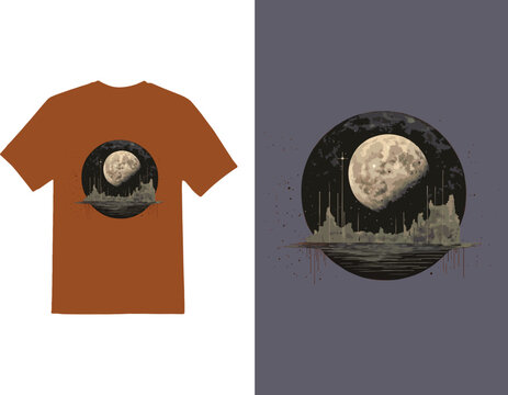 Moon T-Shirt design Black and white illustration Template