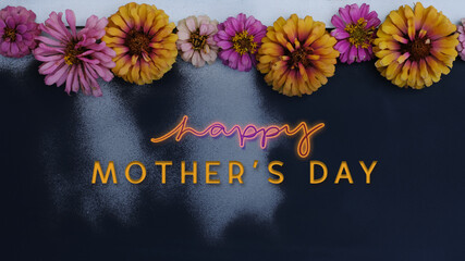 Zinnia flower blooms on happy Mothers Day background for holiday greeting. - 765250400