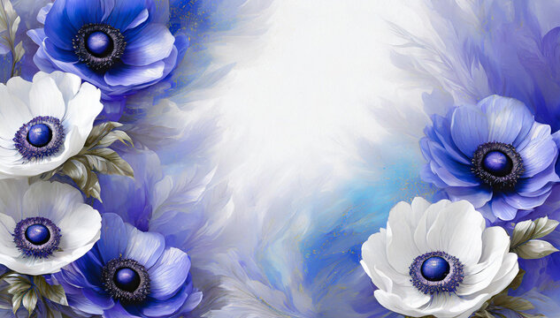 Fiori di anemone blu e bianchi. Sfondo floreale