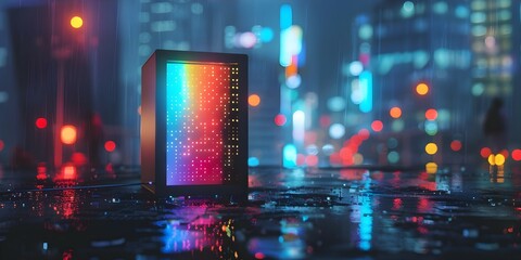 Digital Art Rendering of Colorful Lights on a Computer Case with Blurred Background of Buildings. Concept Digital Art Rendering, Colorful Lights, Computer Case, Blurred Background, Buildings