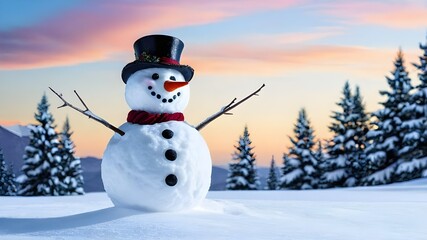 Obraz premium Cheerful Snowman in Winter Wonderland Background