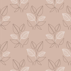 Seamless pattern, line art of contour flowers on a beige background. Background, textile, vector