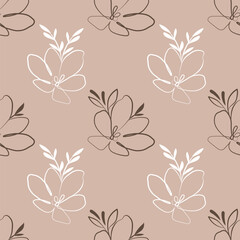 Seamless pattern, line art of contour flowers on a beige background. Background, textile, vector