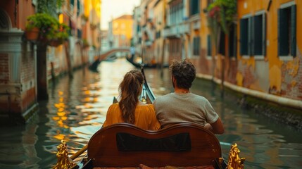 A man and woman enjoy a gondola ride along the picturesque canal in Venice - obrazy, fototapety, plakaty