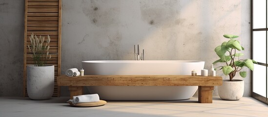There is a bathtub and a wooden bench in a bathroom setting