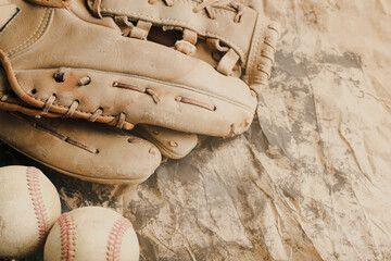 Old vintage baseball background with sport equipment by copy space for nostalgia. - 765250870