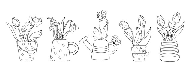 A set of sketches and coloring pages of bouquets of spring flowers, tulips and snowdrops in vintage vases, garden watering cans. Vector graphics.