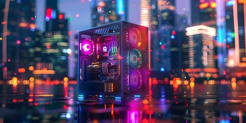 Blurred background of buildings with colorful lights on a computer case: digital art rendering. Concept Digital Art, Blurred Background, Urban Landscape, Colorful Lights, Computer Case