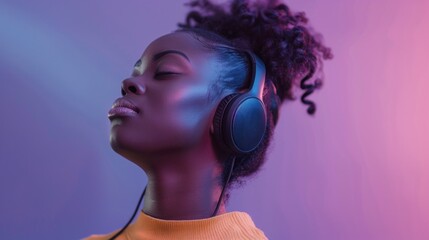 beautiful black woman listening to music with headphones on purple background