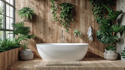 Interior design wooden bathroom, White tub and green plants. AI generated image