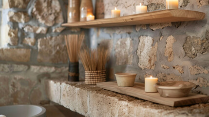 Fototapeta na wymiar Serene bathroom retreat with a stone accent wall wooden shelves and bamboo candle holders for a calming ambience. . AI generation.