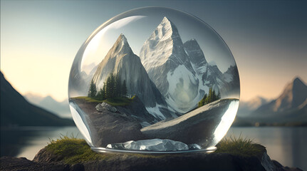 crystal globe with small landscape inside and background with the same tone