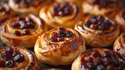 Rows of Pain au raisin arranged in a patisserie setting, Top view perspective, Classic French pastry