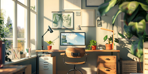 interior of a building, Modern futuristic interior office design with green wall plant and beautiful night scene city scape, A small office with a desk and a lot of plants, Generative AI, 