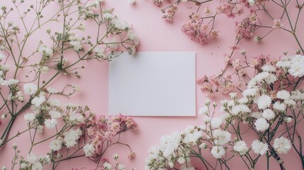 Blank white paper with flowers on pink background