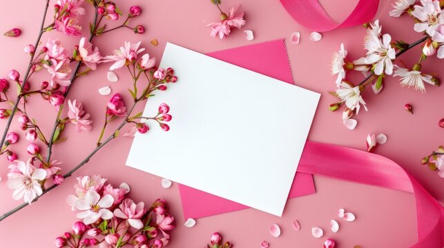 Blank white paper with flowers on pink background