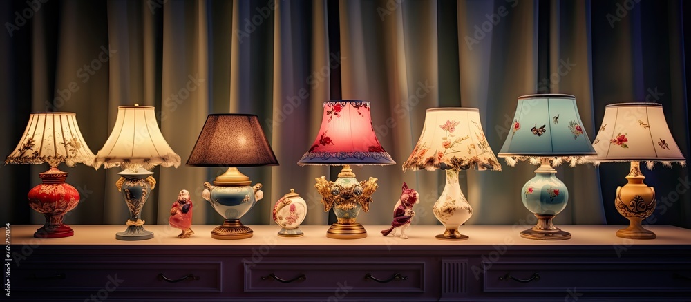 Poster a close up of a table displaying a variety of lamps arranged on its surface