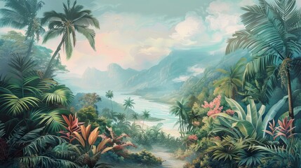 Beautiful tropical landscape with palm trees and tropical leaves wallpaper. Hand Drawn Design. Luxury Wall Mural

 - obrazy, fototapety, plakaty