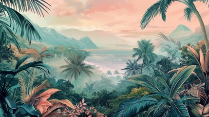 Fototapeta na wymiar Beautiful tropical landscape with palm trees and tropical leaves wallpaper. Hand Drawn Design. Luxury Wall Mural