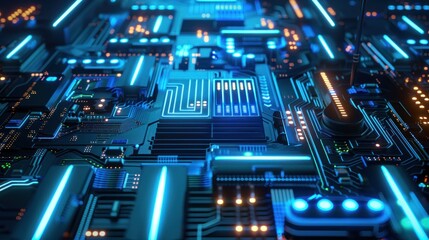 3d render futuristic circuit computer with neon blue light background. AI generated image - obrazy, fototapety, plakaty