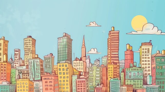 Hand drawn cityscape cartoon on pastel color background. AI generated