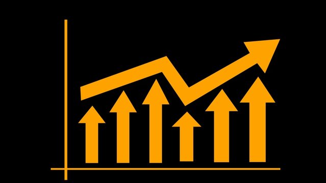 Growth chart icon. Growing graph icon in yellow and black background. Graph diagram up icon, profit growth symbol. Increase in revenue chart graph sign.