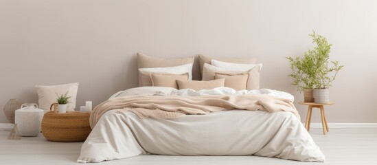 Capture of a comfortable bed adorned with a soft blanket and cozy pillows in a bedroom brightened by a potted plant