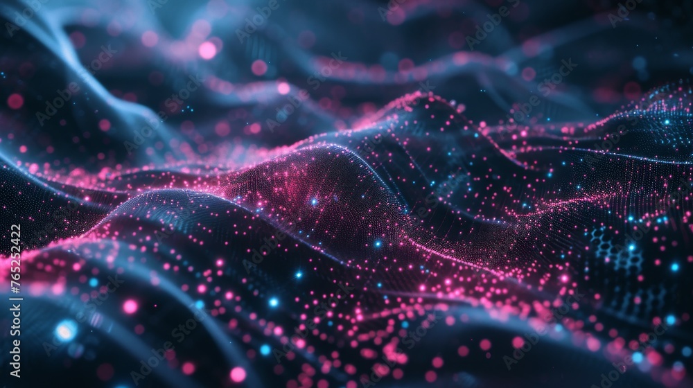 Poster pink and blue digital particles ebb and flow in a seamless pattern, representing data movement or co