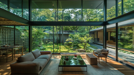 Fototapeta premium Japanese glass house, a living room filled with traditional furniture with large glass windows, view for a traditional oriental garden.
