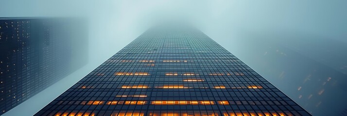 Gloomy cityscape veiled in fog, grandeur of towering skyscrapers - obrazy, fototapety, plakaty