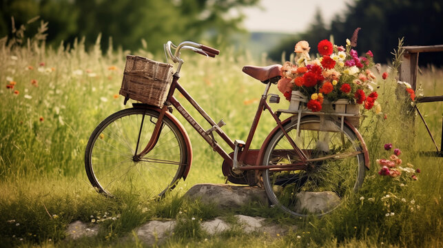 Vintage Bicycle with Flowers in Summer Field