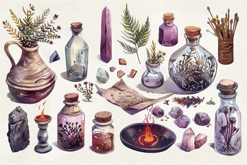 Obraz na płótnie Canvas Alchemy set with herbs crystals