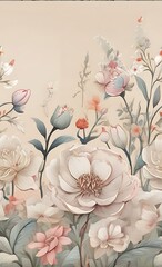 Elegant floral wallpaper with varied blossoms in a muted palette Generative AI