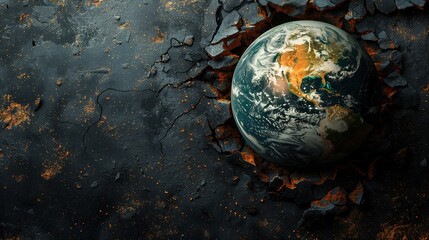 Broken Earth: Climate Change Awareness Ad Template, Globe Embedded into Lava Rock  - obrazy, fototapety, plakaty