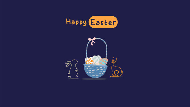 media post idea for easter egg background isolated in blue, hand draw line rabbit, suit for decoration ,web, banner , wallpaper , simple minimalist