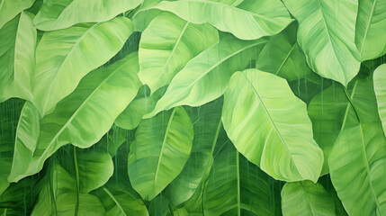 Illustration à la peinture d'un fond de feuilles vertes. Nature, plante, peindre, art. Pour conception et création graphique. - obrazy, fototapety, plakaty