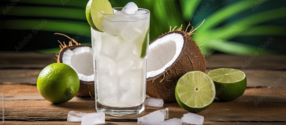 Poster a setup featuring a glass filled with ice cubes and slices of green limes placed on a flat surface
