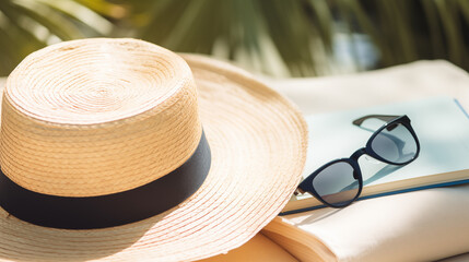 Summer Vacation Essentials with Straw Hat and Sunglasses