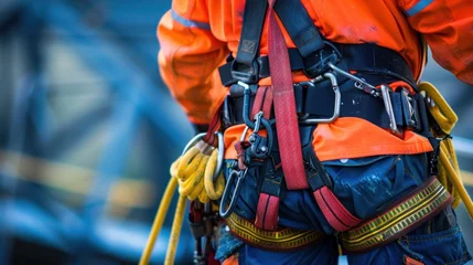 Fotobehang Close up a worker full equipment fall arrest device safety belt hooks. AI generated image © saifur