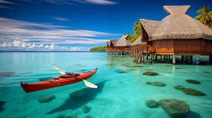Tropical Paradise with Red Kayak - obrazy, fototapety, plakaty