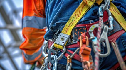 Close up a worker full equipment fall arrest device safety belt hooks. AI generated image - obrazy, fototapety, plakaty